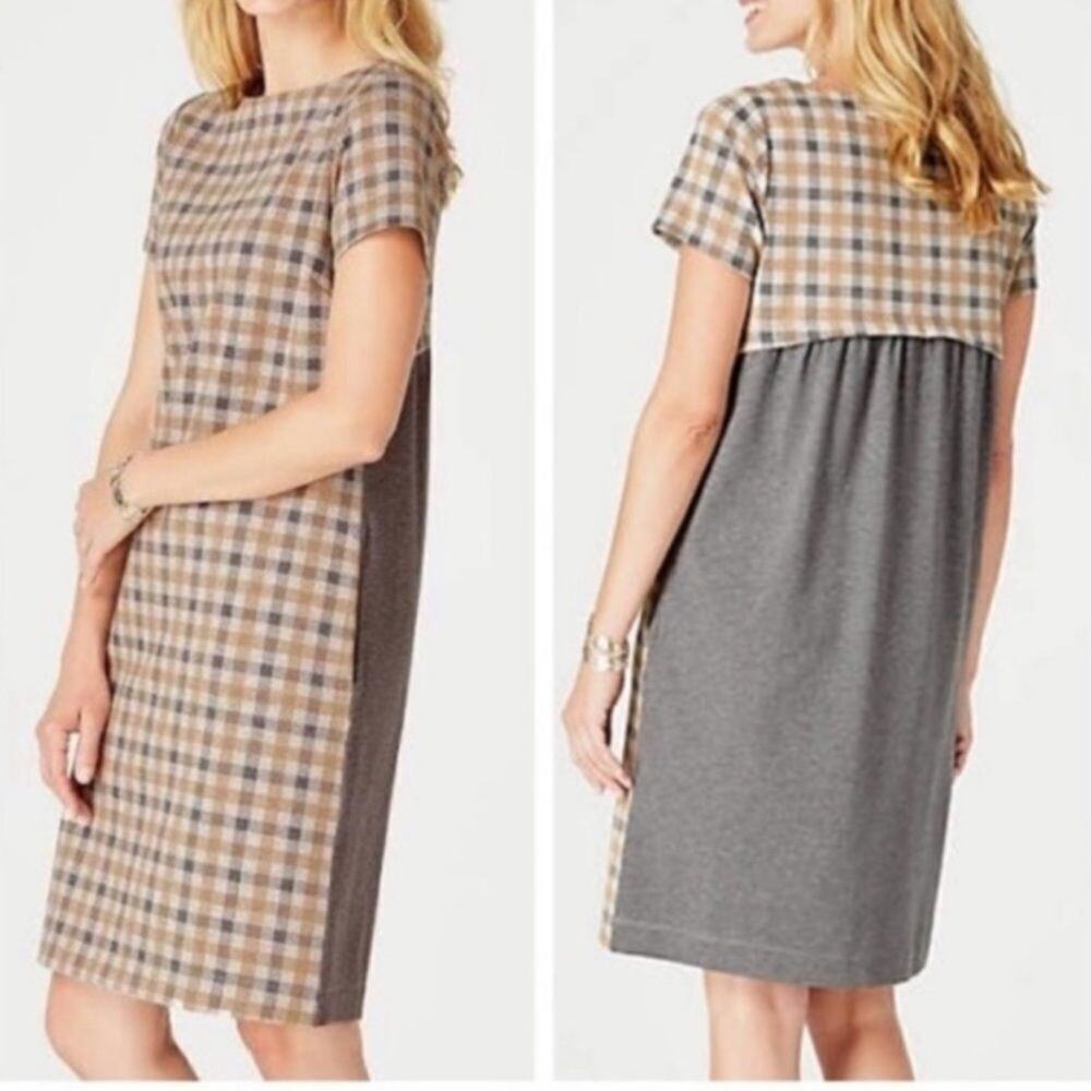 J. Jill Brown Gray Plaid Short‎ Sleeve Dress